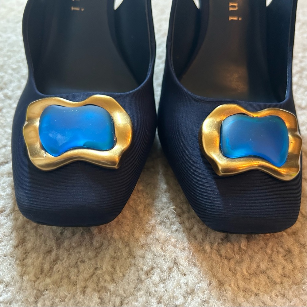 Gianni Bini Navy Slingback Heels with Gold & Blue Accents - Picture 2 of 5